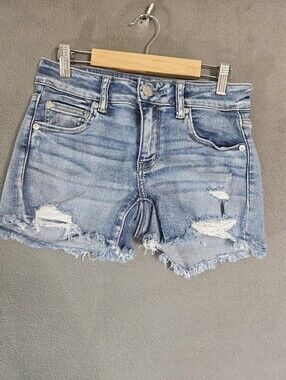 American Eagle Stretch Jean Shorts Micro Women 4 Destressed Frye Hem Grunge Blue